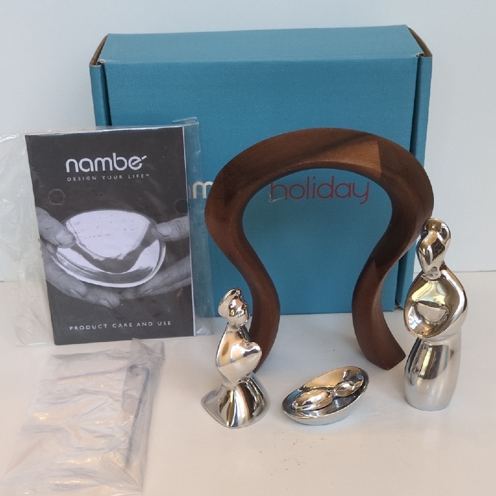 Nambe 4 Piece Holiday Nativity Scene - Mary, Joseph, Baby Jesus & Wooden Crech